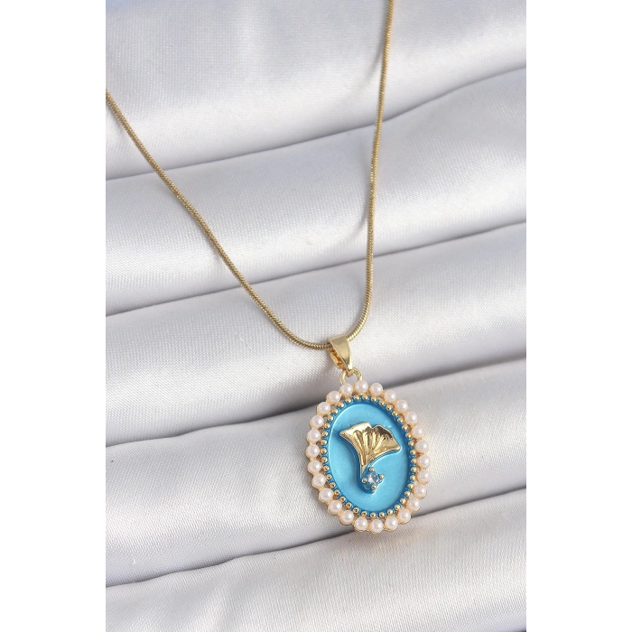 316L Çelik Gold Renk Zincir Mavi Mineli İncili Zirkon Taşlı Çiçek İşlemeli Portre Model Kadın Kolye - TJ-BKO10196
