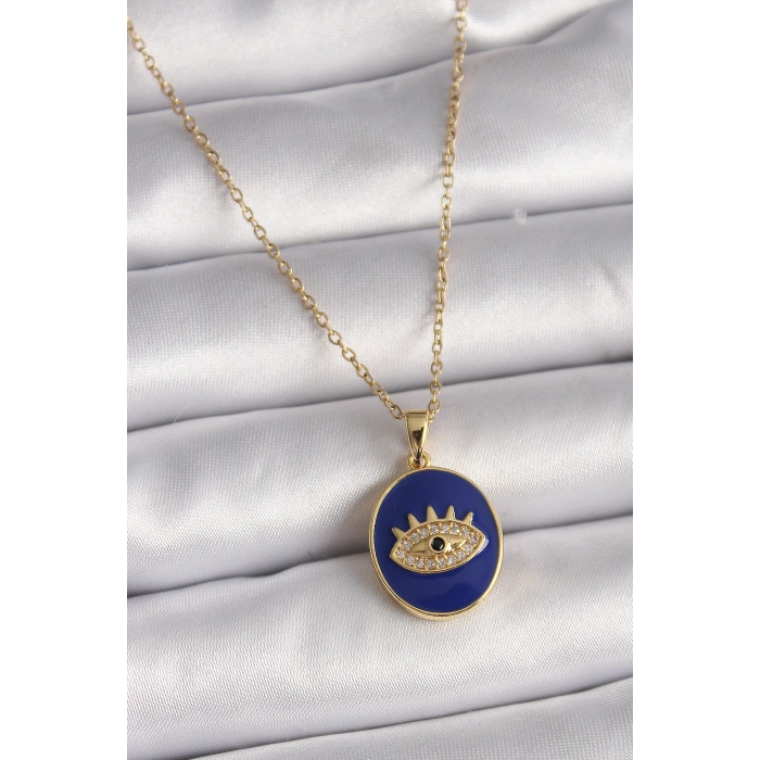 316L Çelik Gold Renk Zincir Mavi Mineli Zirkon Taşlı Göz İşleme Kadın Kolye - TJ-BKO9505