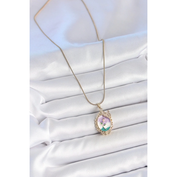 316L Çelik Gold Renk Zincir Mix Renk Mineli Çiçek İşlemeli Zirkon Taş Detaylı Portre Model Kadın Kolye - TJ-BKO10184