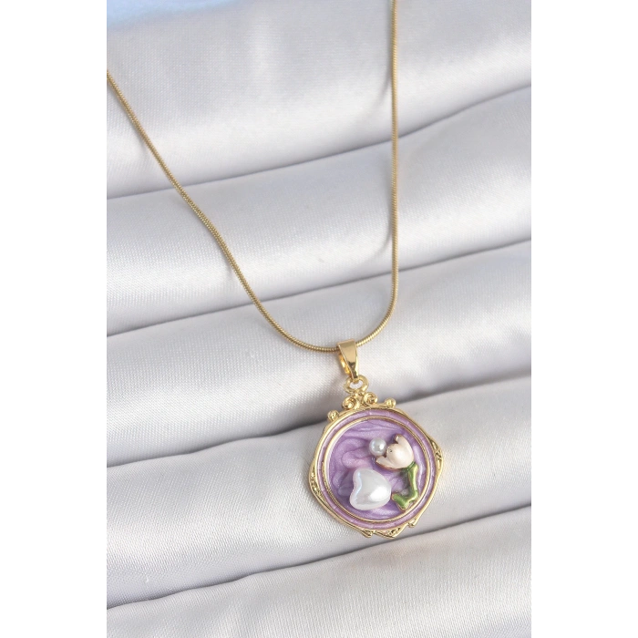 316L Çelik Gold Renk Zincir Mor Mineli İncili Çiçek İşlemeli Portre Model Kadın Kolye - TJ-BKO10149