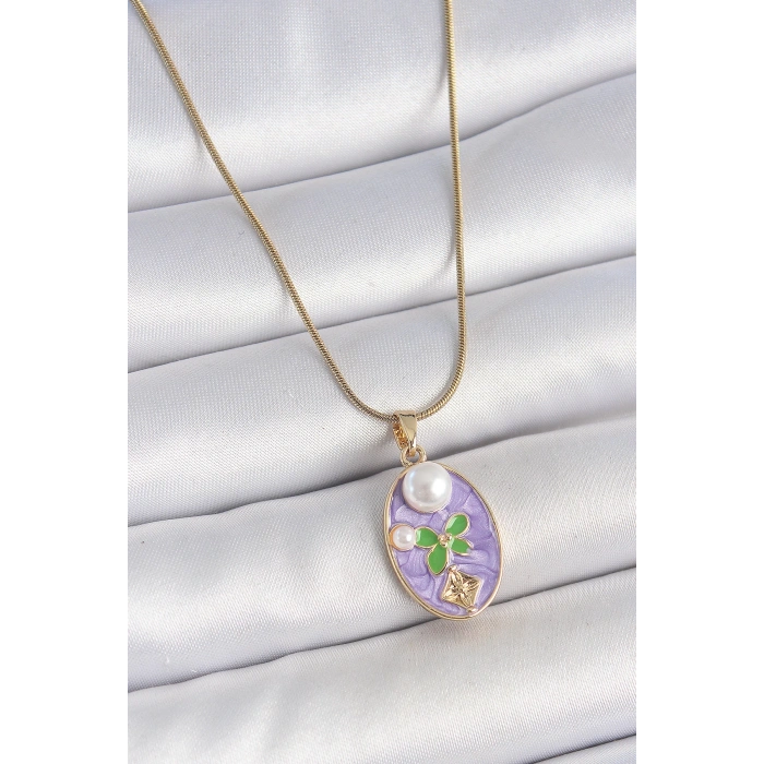 316L Çelik Gold Renk Zincir Mor Mineli Oval İncili Çiçek İşlemeli Portre Model Kadın Kolye - TJ-BKO10177