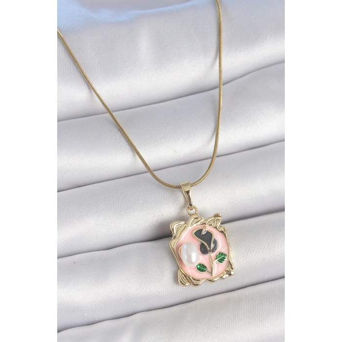 316L Çelik Gold Renk Zincir Pembe Mineli Çiçek İşlemli İnci Detay Portre Model Kadın Kolye - TJ-BKO10185