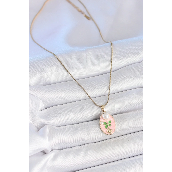316L Çelik Gold Renk Zincir Pembe Mineli Oval İncili Çiçek İşlemeli Portre Model Kadın Kolye - TJ-BKO10176