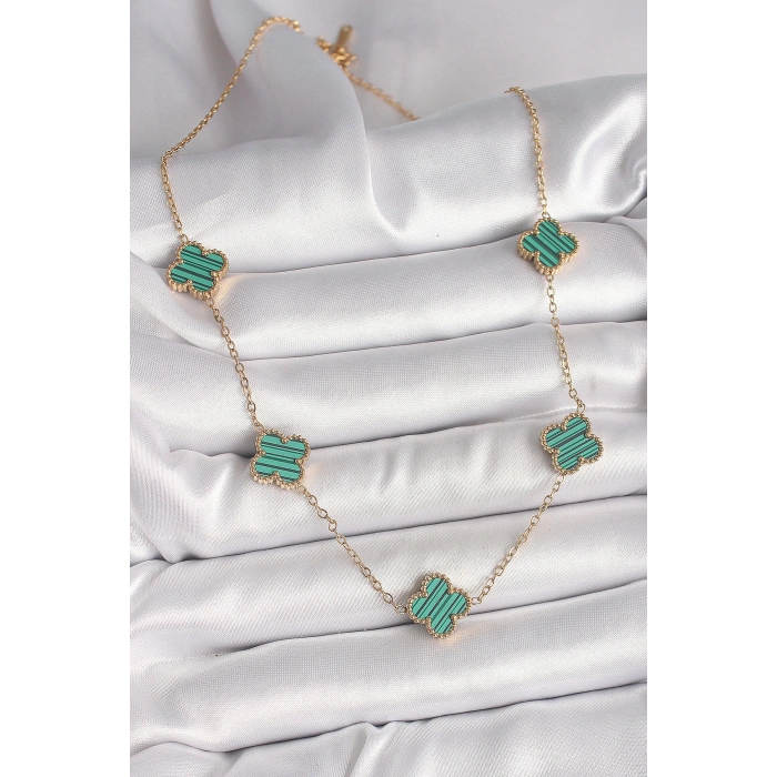 316L Çelik Gold Renk Zincir Yeşil Yonca Model Kadın Kolye - TJ-BKO9925