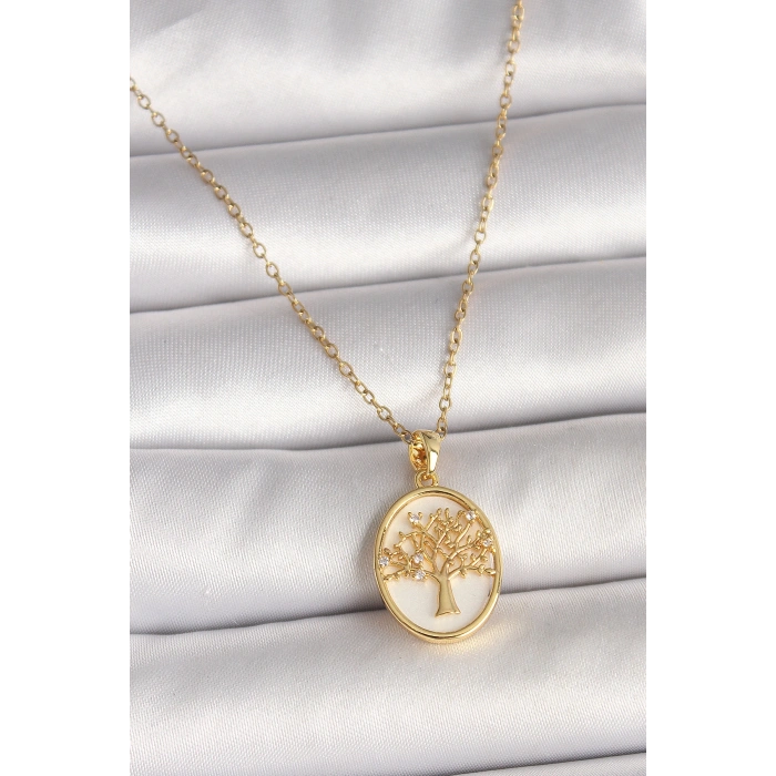 316L Çelik Gold Renk Zincir Zirkon Taş Detaylı Beyaz Mineli Ağaç İşlemeli Portre Model Kadın Kolye - TJ-BKO9982