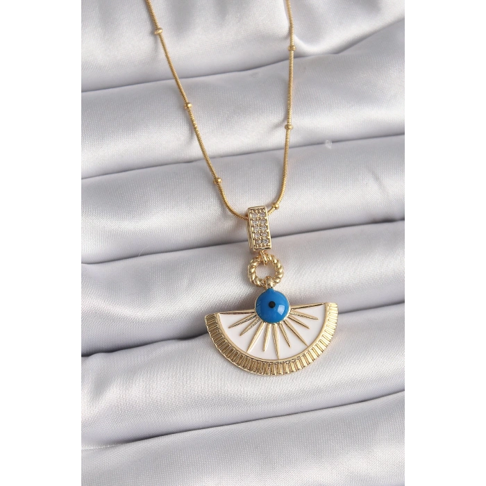 316L Çelik Gold Renk Zincir Zirkon Taş Detaylı Nazar Boncuk Göz Model Kadın Kolye - TJ-BKO9474