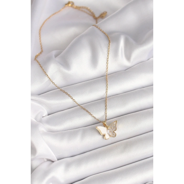 316L Çelik Gold Renk Zincir Zirkon Taşlı Beyaz Mineli Kelebek Model Kadın Kolye - TJ-BKO9940