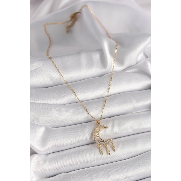 316L Çelik Gold Renk Zincir Zirkon Taşlı Hilal Model Sallantı Yaprak Detay Kadın Kolye - TJ-BKO9650