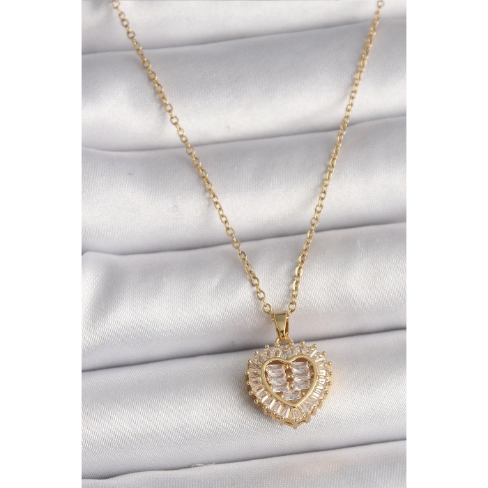316L Çelik Gold Renk Zincir Zirkon Taşlı Kalp Model Kadın Kolye - TJ-BKO9786