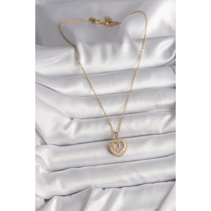 316L Çelik Gold Renk Zincir Zirkon Taşlı Kalp Model Kadın Kolye - TJ-BKO9786
