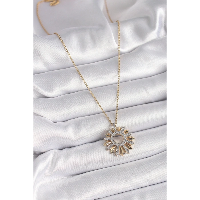 316L Çelik Gold Renk Zincir Zirkon Taşlı Mix Renk Güneş Model Kadın Kolye - TJ-BKO9477