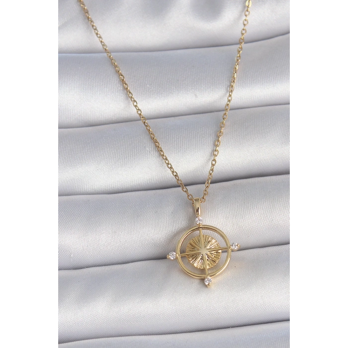 316L Çelik Gold Renk Zincir Zirkon Taşlı Pusula Model Kadın Kolye - TJ-BKO10039