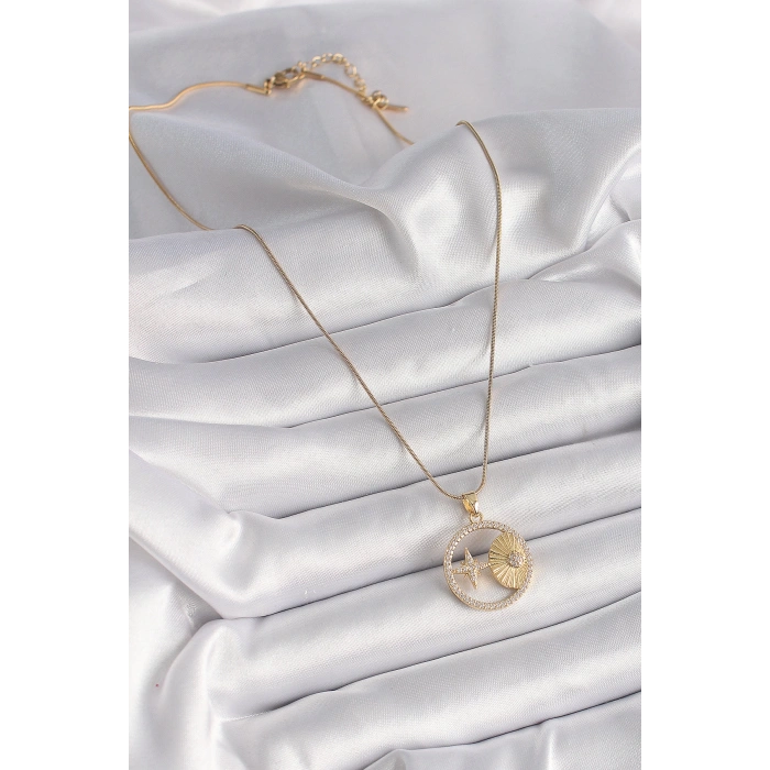 316L Çelik Gold Renk Zincir Zirkon Taşlı Yıldız İşleme Madalyon Model Kadın Kolye - TJ-BKO9636