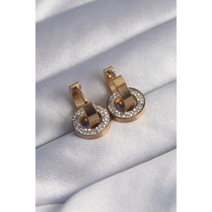316L Çelik Gold Renk Zirkon Taşlı İç İçe Geçmeli Oval Küpe - TJ-BKP9014
