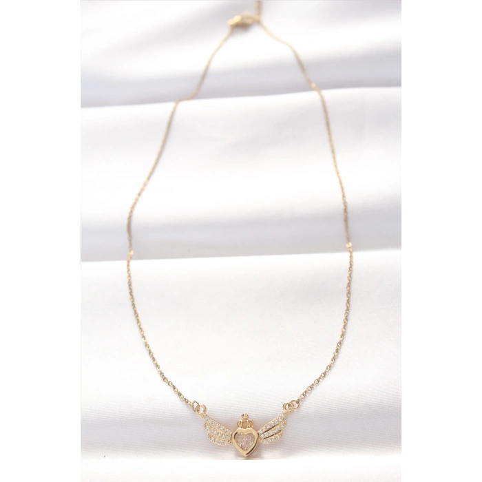 316L Çelik Gold Renk Zirkon Taşlı Kalpli Kanat Kolye - TJ-BKO8516