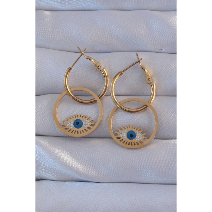 316L Çelik Gold Renk Zirkon Taşlı Mavi Göz Tasarımlı Halka Küpe - TJ-BKP9161