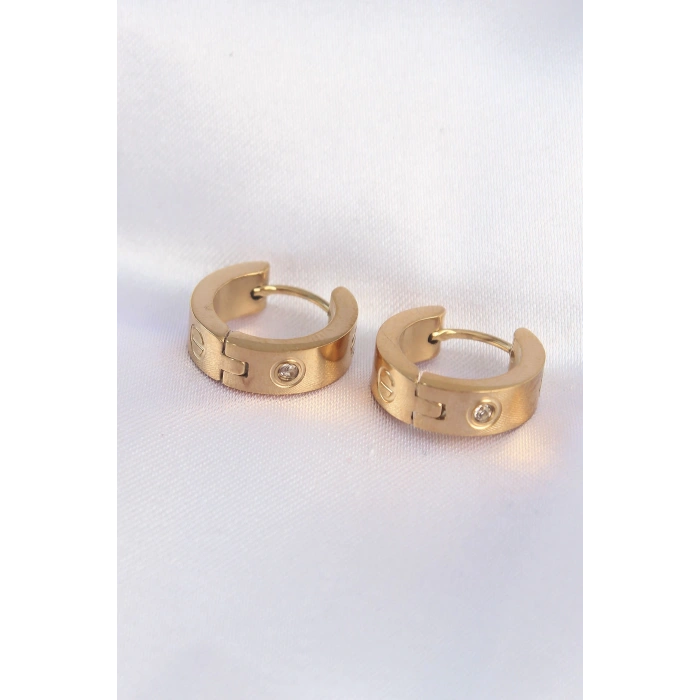316L Çelik Gold Renk Zirkon Taşlı Minimal Model Halka Küpe - TJ-BKP9007
