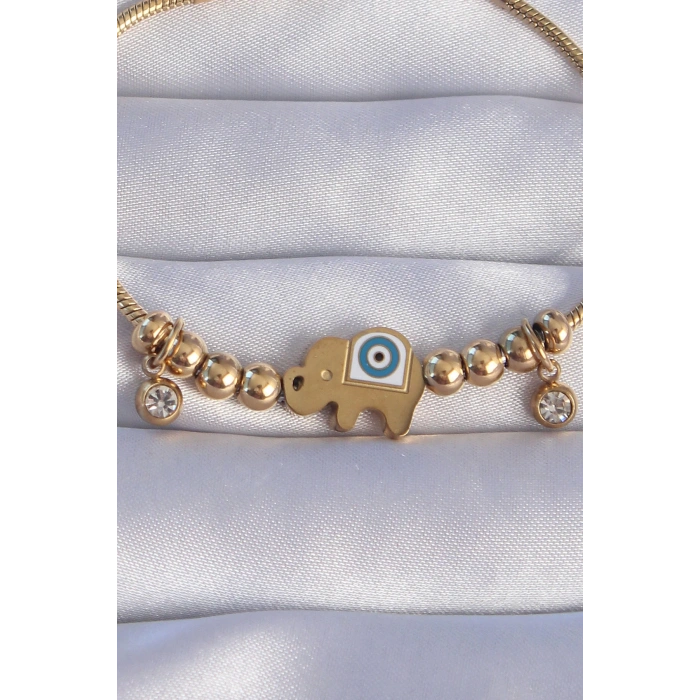 316L Çelik Gold Renk Zirkon Taşlı Nazarlı Fil Tasarımlı Bileklik - TJ-BB6202