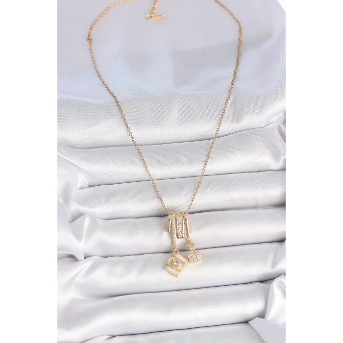 316L Çelik Gold Renk Zirkon Taşlı Sallantı Fotoğraf Makinası Figür Charm Kadın Kolye - TJ-BKO10097
