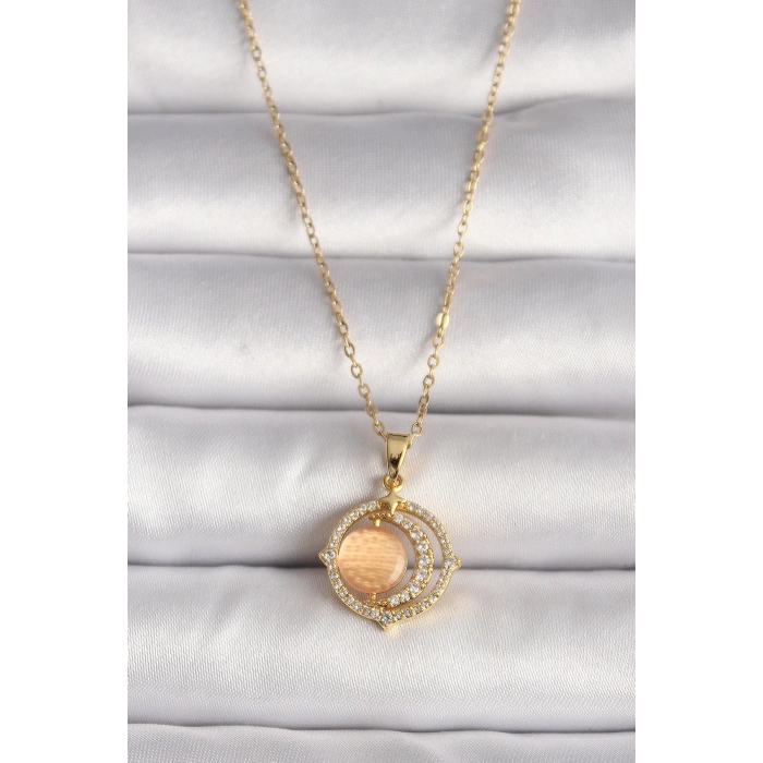 316L Çelik Gold Renk Zirkon Taşlı Turuncu Sedefli Hilal Model Kadın Kolye - TJ-BKO9704