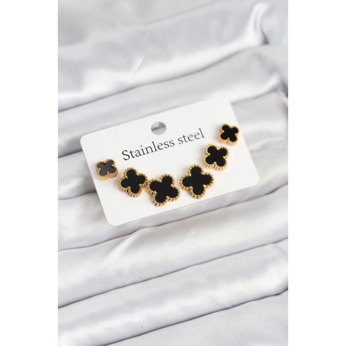 316L Çelik Gold Siyah Renk 3 Boy Yonca Küpe Seti - TJ-BKP11235