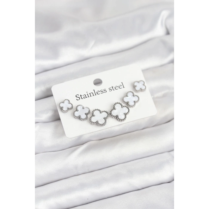 316L Çelik Gümüş Beyaz Renk 3 Boy Yonca Küpe Seti - TJ-BKP11236