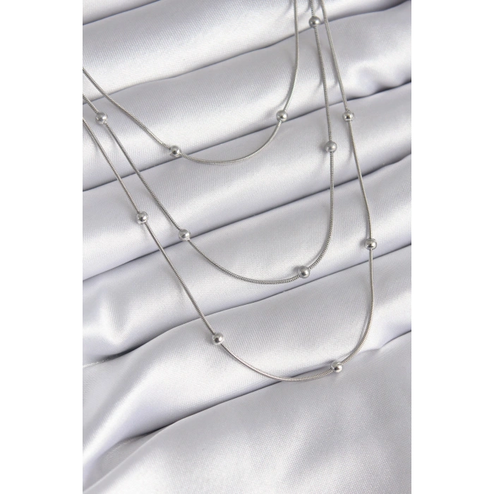 316L Çelik Gümüş Renk 3lü Topçuk Detay Kadın Kolye - TJ-BKO8313