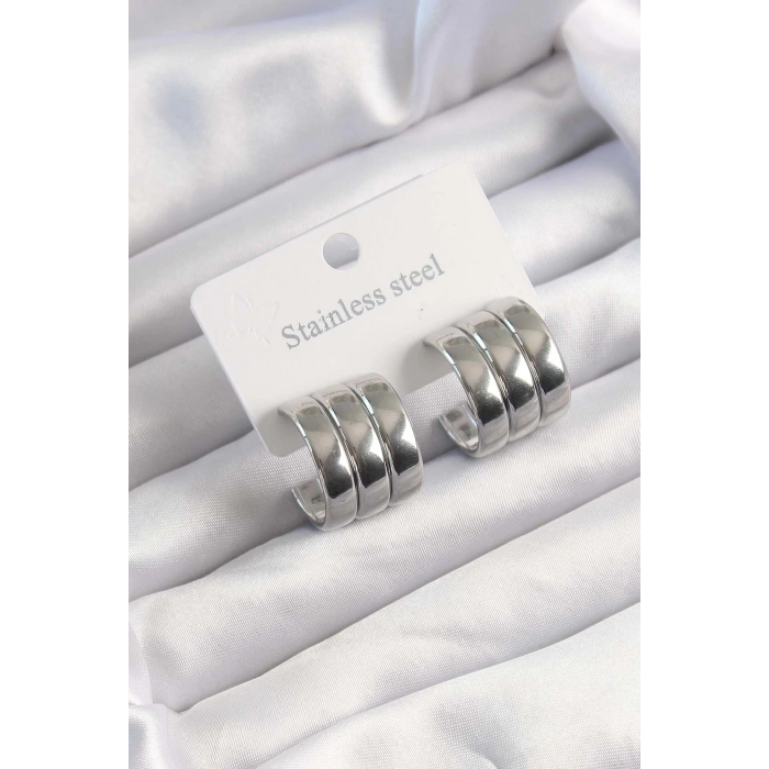 316L Çelik Gümüş Renk 3lü Görünüm Bombe Model Yarım Halka Küpe - TJ-BKP9490