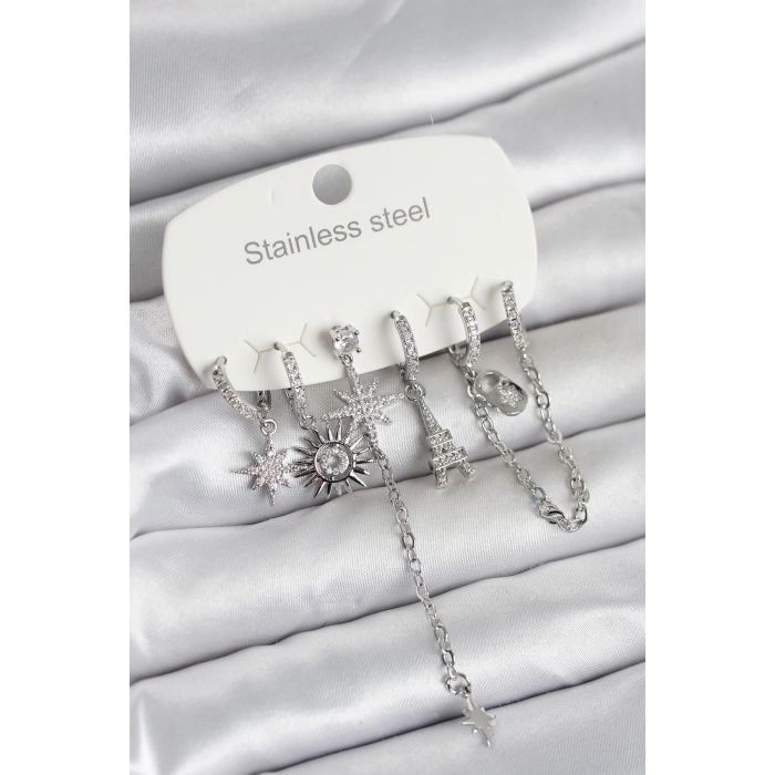 316L Çelik Gümüş Renk 6lı Set Charmlı Kadın Küpe - TJ-BKP11750