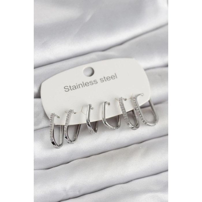 316L Çelik Gümüş Renk 6lı Set Geometrik Model Kadın Küpe - TJ-BKP11742