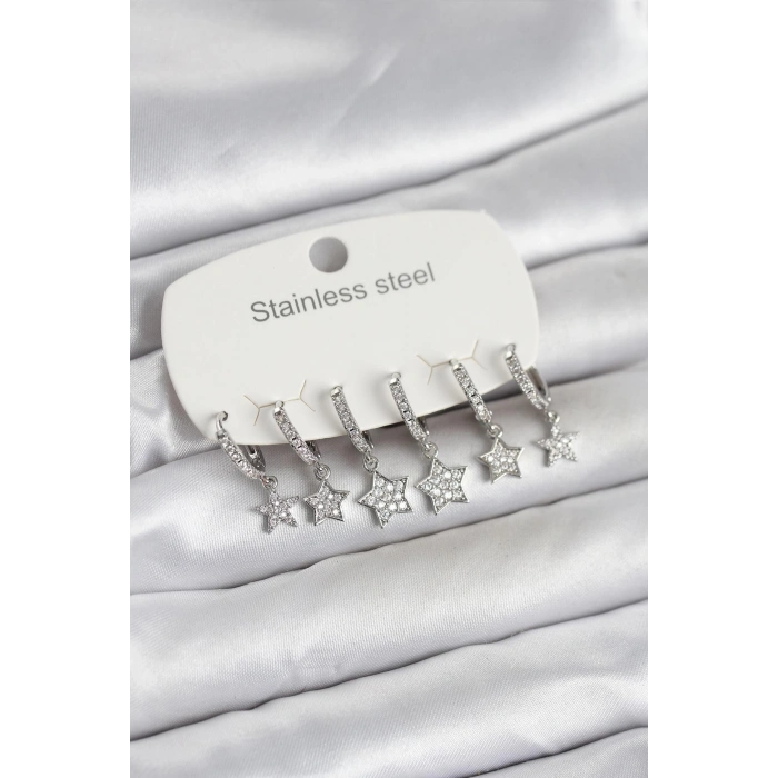 316L Çelik Gümüş Renk 6lı Set Yıldız Model Kadın Küpe - TJ-BKP11752