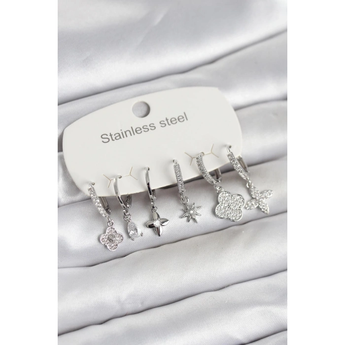 316L Çelik Gümüş Renk 6lı Set Yonca Model Kadın Küpe - TJ-BKP11744