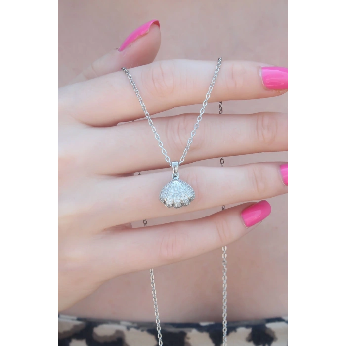 316L Çelik Gümüş Renk Açılır Midye Model Kadın Kolye - TJ-BKO7389