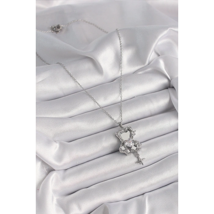 316L Çelik Gümüş Renk Ayna Ayıcık Model Zirkon Taşlı Kalp Detay Kadın Kolye - TJ-BKO9627