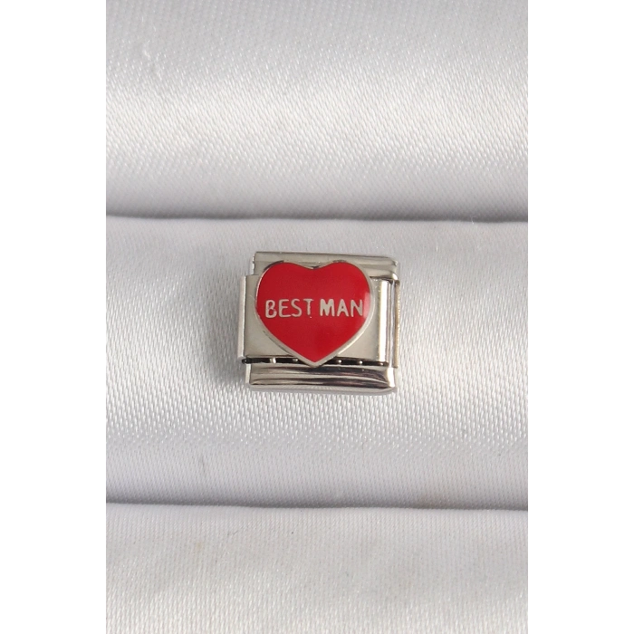 316L Çelik Gümüş Renk Best Man Yazılı Kırmızı Kalp İşlemeli Nomination Charm - TJ-BC1208