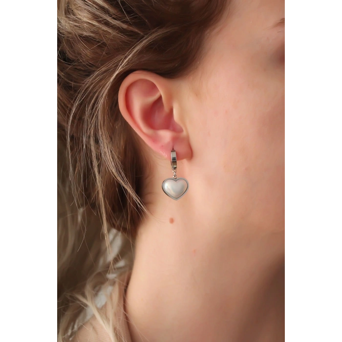 316L Çelik Gümüş Renk Beyaz Bombeli Kalp Küpe - TJ-BKP6316