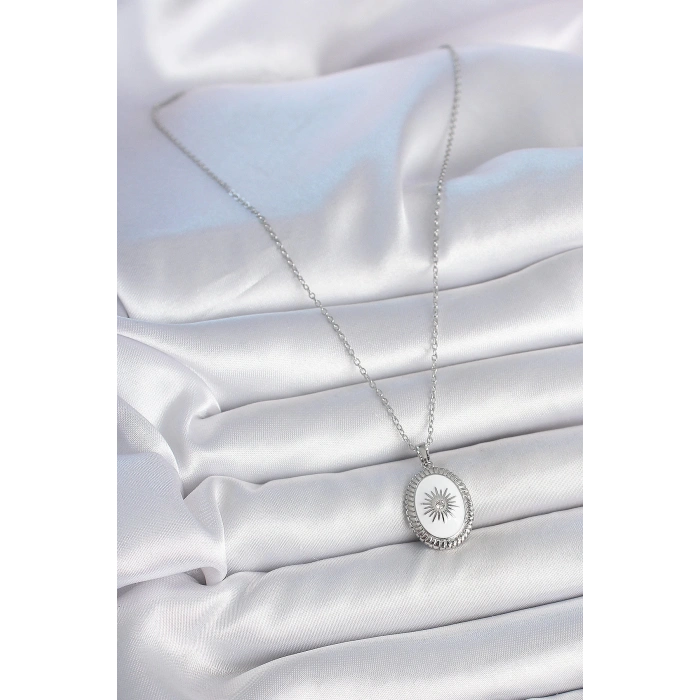 316L Çelik Gümüş Renk Beyaz Mineli Güneş İşlemeli Nazar Boncuk Detay Madalyon Model Kadın Kolye - TJ-BKO10054