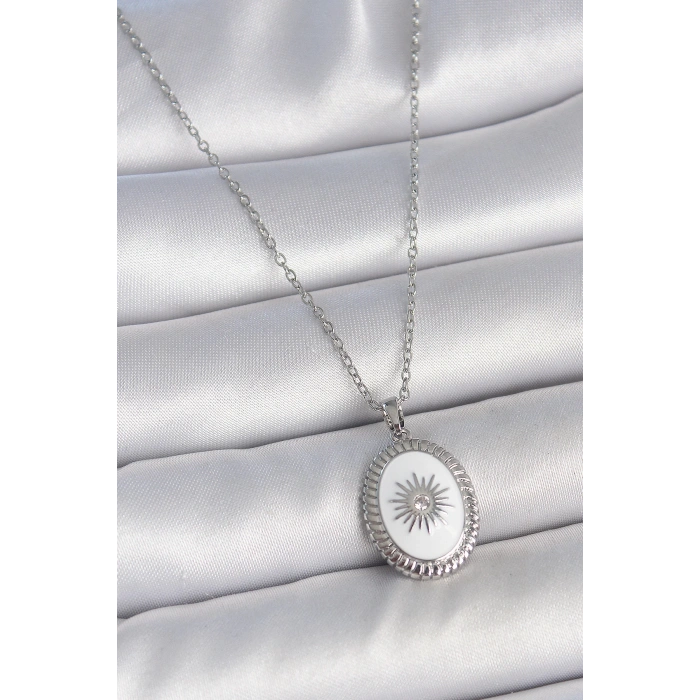 316L Çelik Gümüş Renk Beyaz Mineli Güneş İşlemeli Nazar Boncuk Detay Madalyon Model Kadın Kolye - TJ-BKO10054