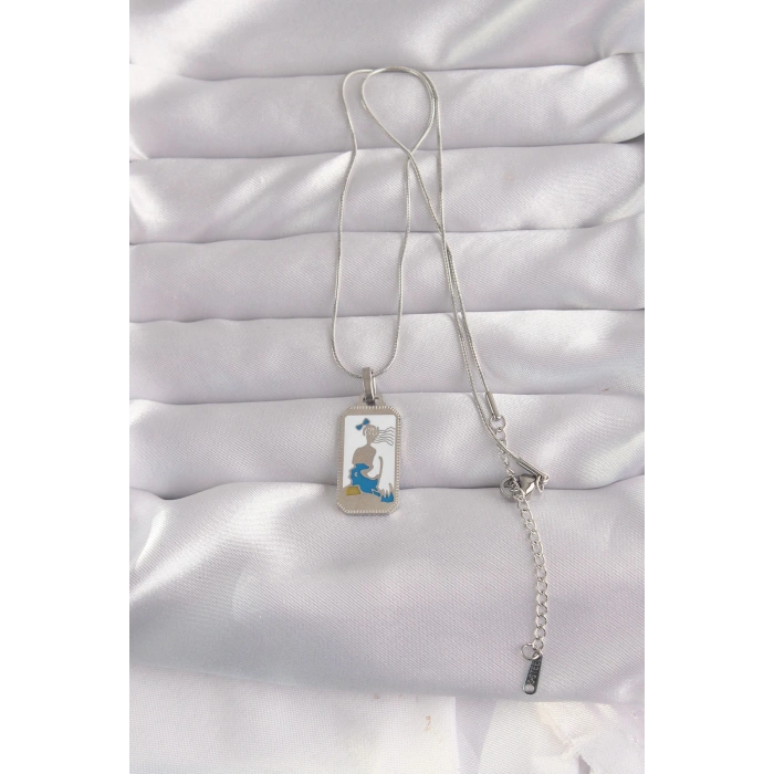 316L Çelik Gümüş Renk Beyaz Mineli Kız Figür Tarot Kolye - TJ-BKO9049