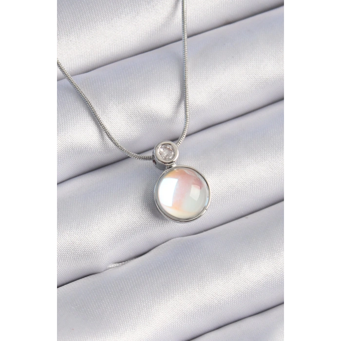 316L Çelik Gümüş Renk Beyaz Sedefli Vintage Model Kadın Kolye - TJ-BKO9327