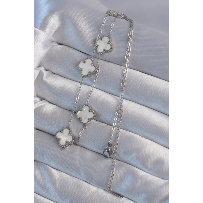 316L Çelik Gümüş Renk Beyaz Sedefli Yonca Kolye - TJ-BKO8995