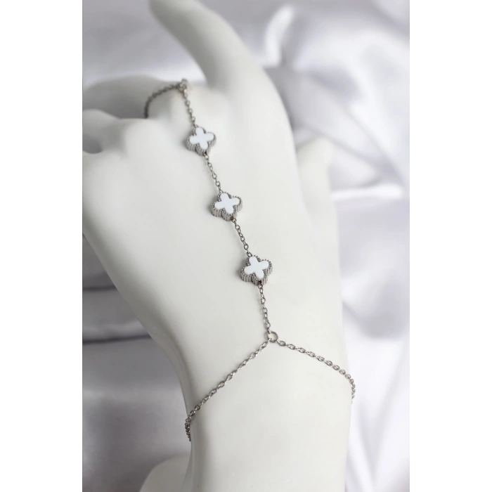 316L Çelik Gümüş Renk Beyaz Yonca Model Kadın Şahmeran - TJ-SN735