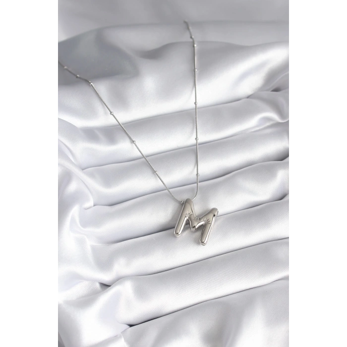 316L Çelik Gümüş Renk Bubble M Harf Model Kadın Kolye - TJ-BKO8307