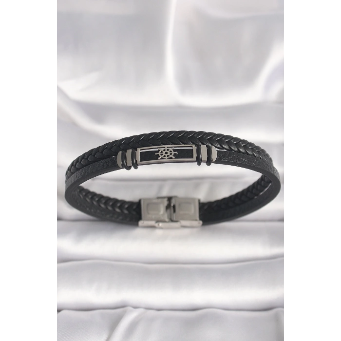 316L Çelik Gümüş Renk Gemi Dümeni Figür Siyah Burgu Deri Kordon Model Erkek Bileklik - TJ-EB3701