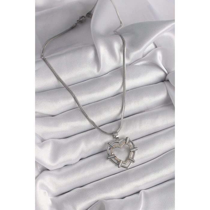 316L Çelik Gümüş Renk İtalyan Zincir Mix Renk Zirkon Taş Detay Kalp Model Kadın Kolye - TJ-BKO9600