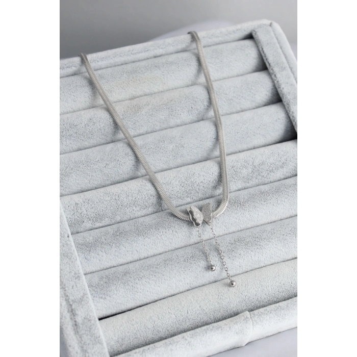 316L Çelik Gümüş Renk İtalyan Zincir Model Simli Kelebek Figür Kadın Kolye - TJ-BKO7676