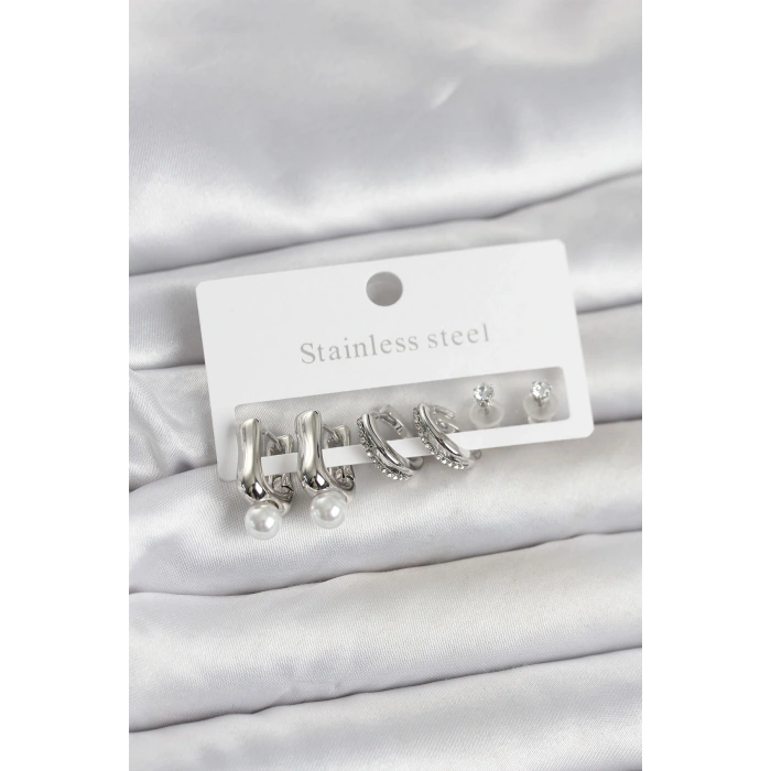 316L Çelik Gümüş Renk Kadın Küpe Seti - TJ-BKP11690