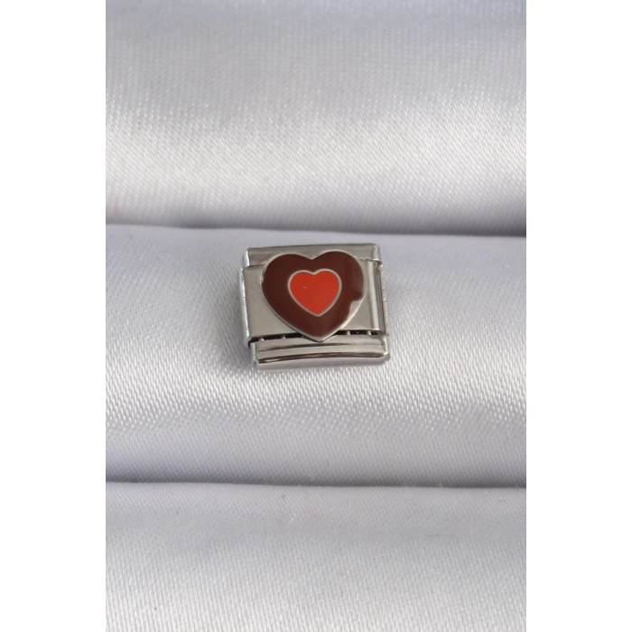 316L Çelik Gümüş Renk Kahverengi Kalp İşlemeli Nomination Charm - TJ-BC1018