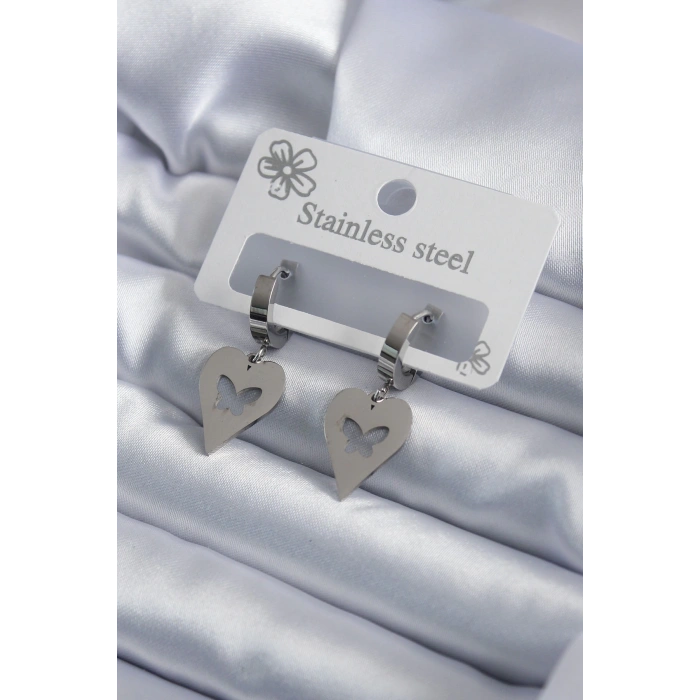316L Çelik Gümüş Renk Kalp Model Kelebek İşleme Kadın Küpe - TJ-BKP7950
