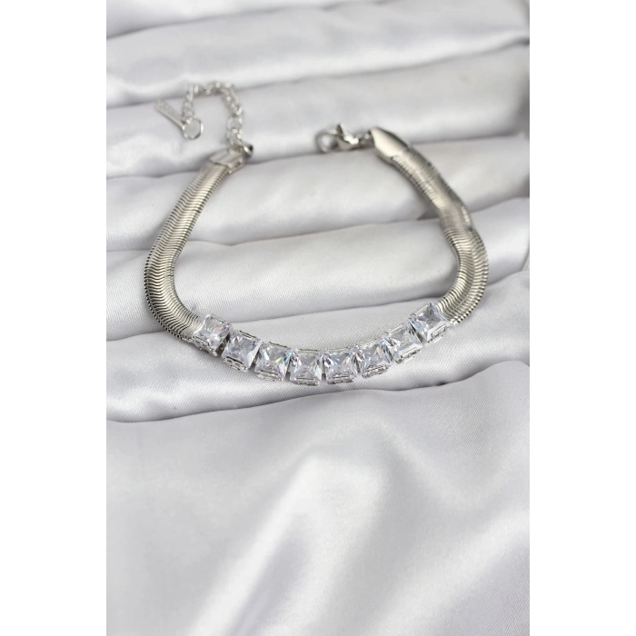 316L Çelik Gümüş Renk Kare Zirkon Taşlı Yılan Zincirli Kadın Bileklik - TJ-BB8153